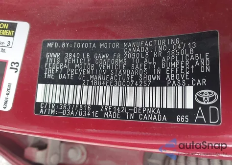 2013 Toyota Corolla Le from USA, damaged, VIN 2T1BU4EE3DC074257